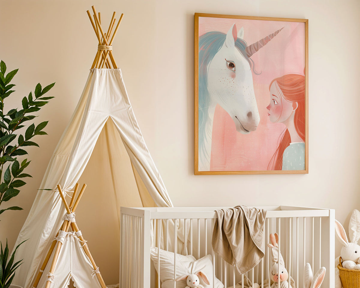 A-Sized Poster - Full illustration featuring girl and unicorn in pastel pink and blue tones