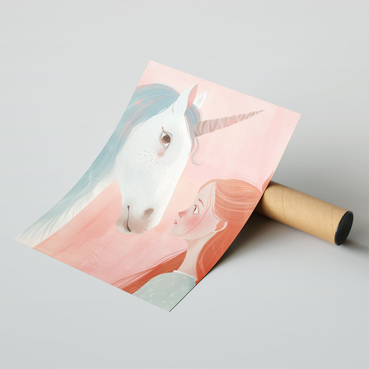 A-Sized Poster - Unicorn's spiralled horn and blue mane against the soft peachy-pink backdrop