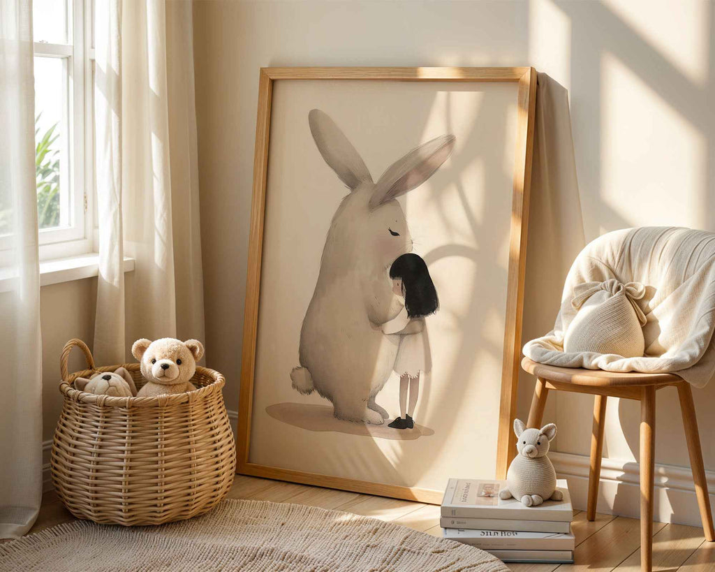 Girl Hugging Giant Rabbit Nursery Print Art