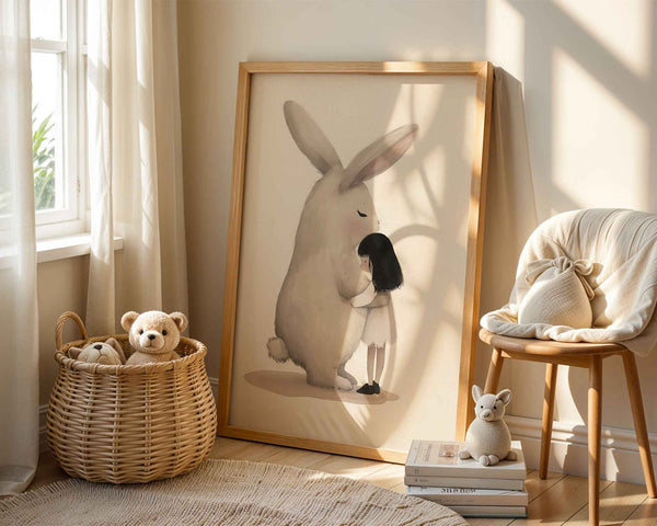 Girl Hugging Giant Rabbit Nursery Print Art