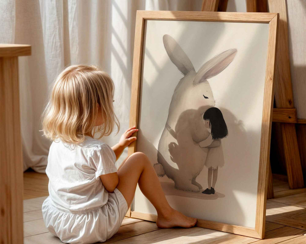 Girl Hugging Giant Rabbit Nursery Print Art