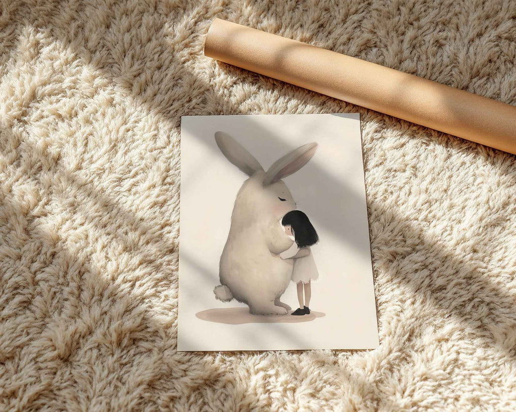 Girl Hugging Giant Rabbit Nursery Print Art