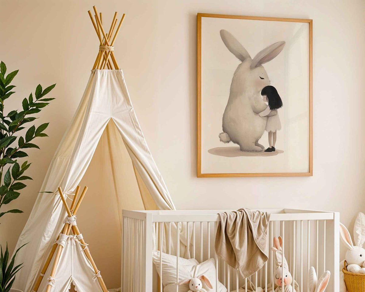 Girl Hugging Giant Rabbit Nursery Print Art
