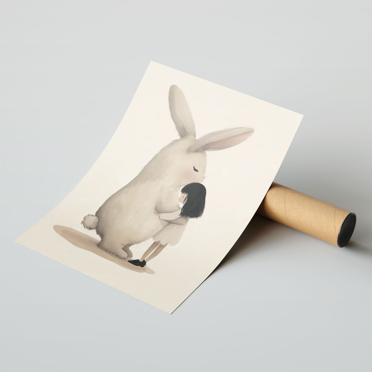 A-Sized Prints Nursery - Softly shaded drawing of young girl nuzzling large friendly rabbit