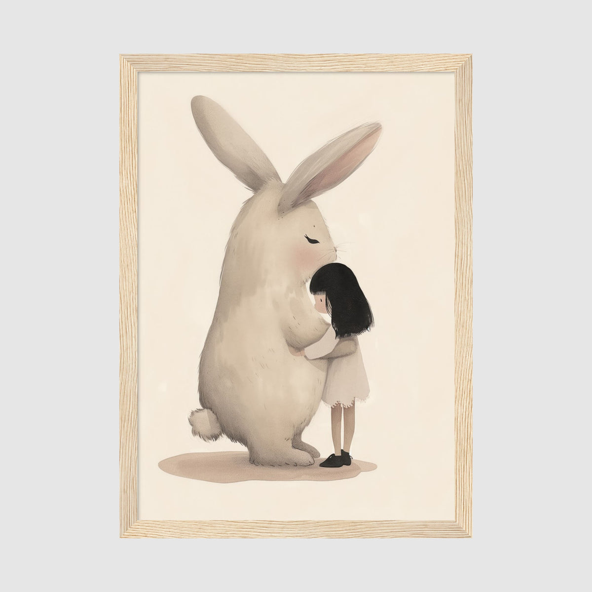 A-Sized Prints Nursery - Gentle nursery art with child and giant rabbit in grey and cream
