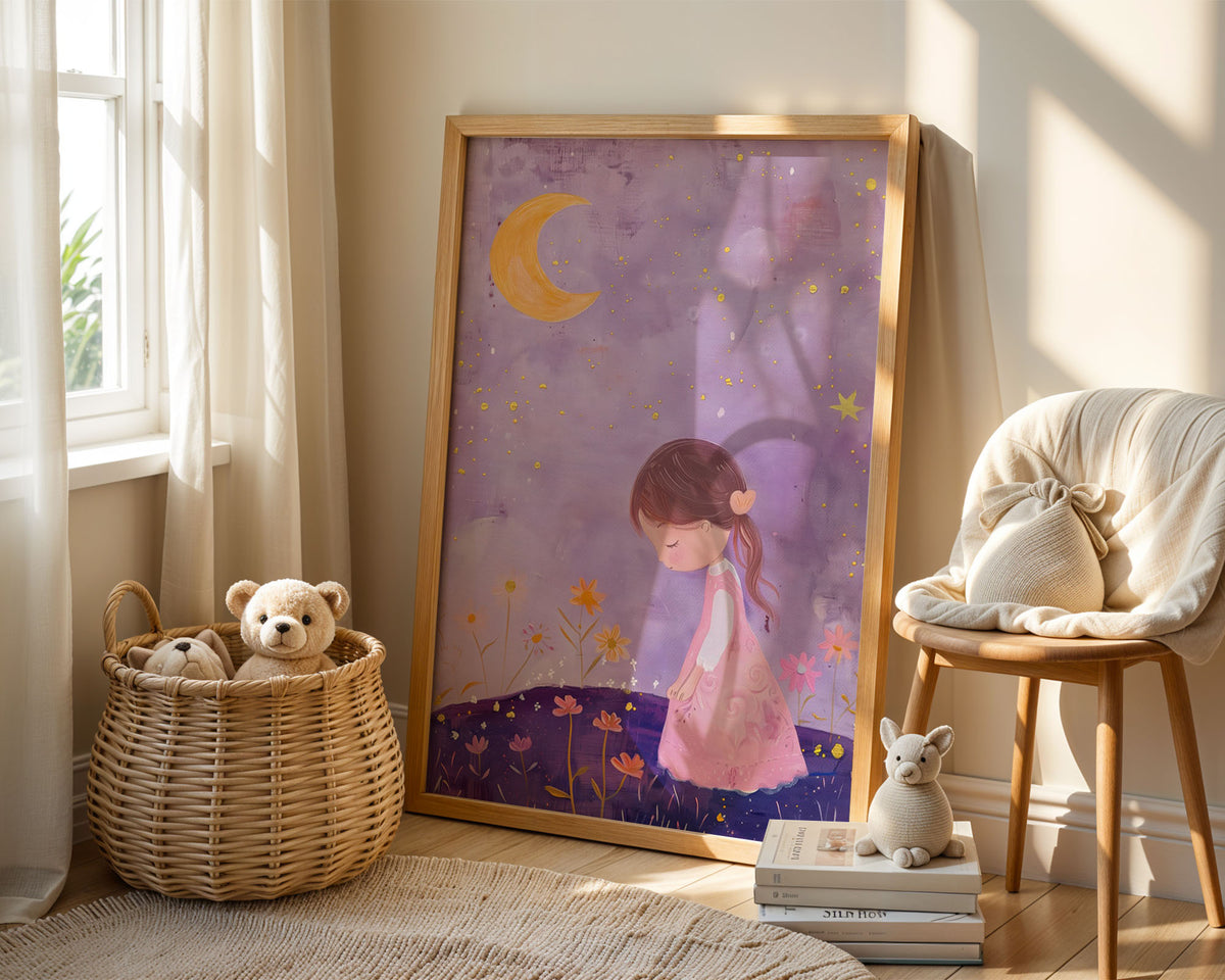 A-Sized Print - Girl in pink dress under crescent moon and stars with wildflowers