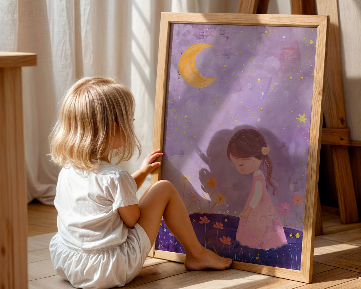 A-Sized Print - Dreamy illustration of child gazing at night sky with golden sparkles