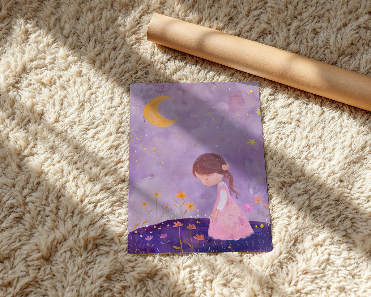 A-Sized Print - Lavender-toned nursery artwork featuring girl, moon and wildflower scene