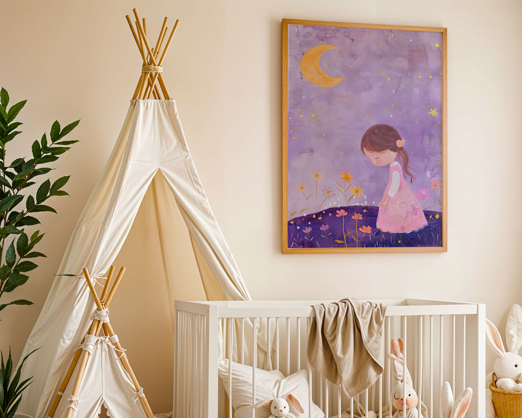 A-Sized Print - Peaceful night-time illustration with girl, stars and blooming flowers