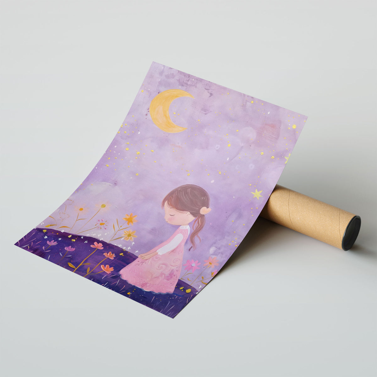 A-Sized Print - Whimsical girl character among wildflowers under starry sky