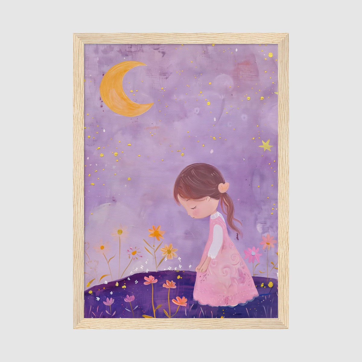 A-Sized Print - Soft colour palette art print with girl, moon and golden star details
