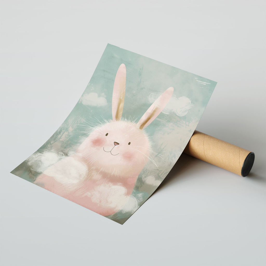A-Sized Print Nursery - Children's illustration of smiling bunny in soft pink tones on muted background