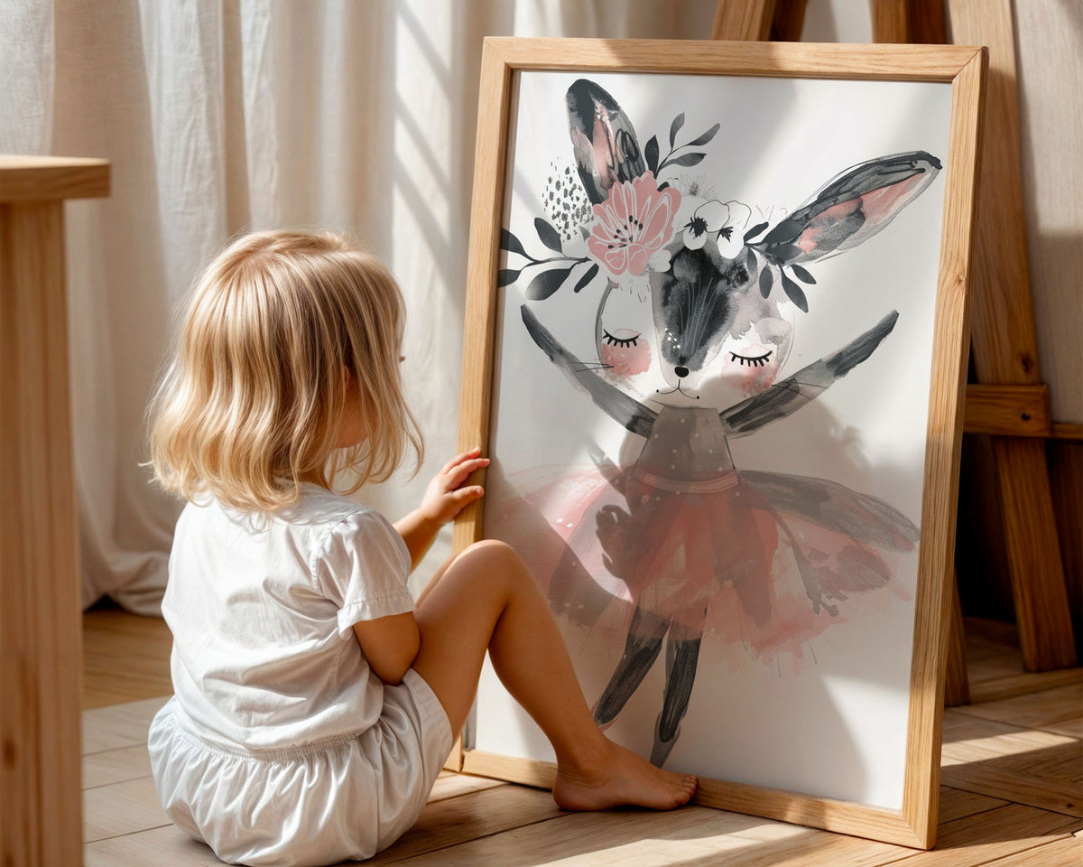 A-Sized Print Nursery - Ballerina deer character in grey and blush watercolour