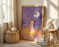 A-Sized Prints Nursery - Girl in pink dress under crescent moon and golden stars