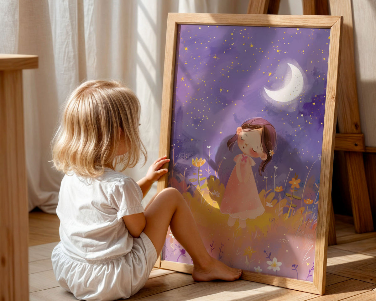 A-Sized Prints Nursery - Whimsical illustration of child among wildflowers at night