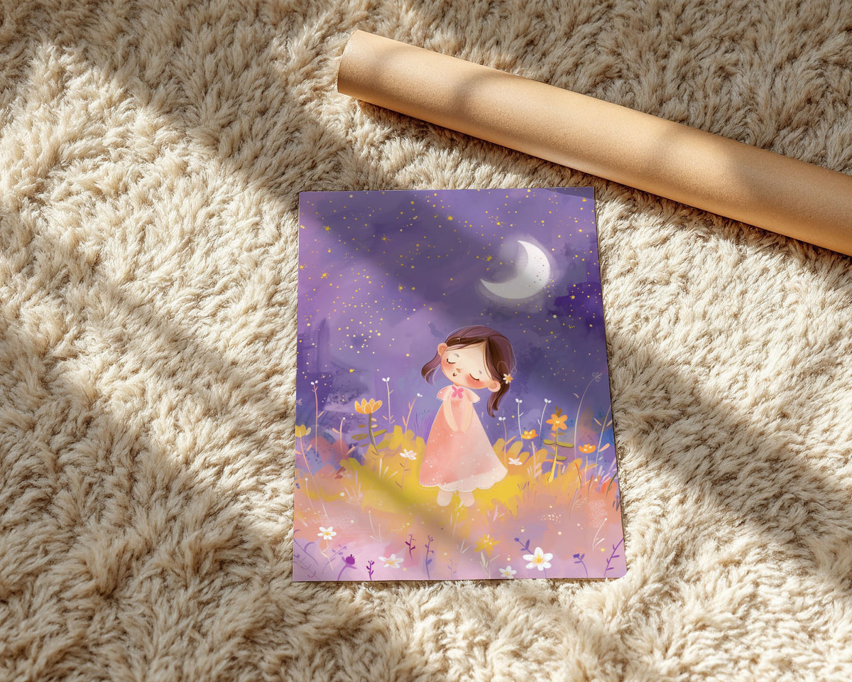A-Sized Prints Nursery - Purple starry sky with girl and blooming flowers artwork