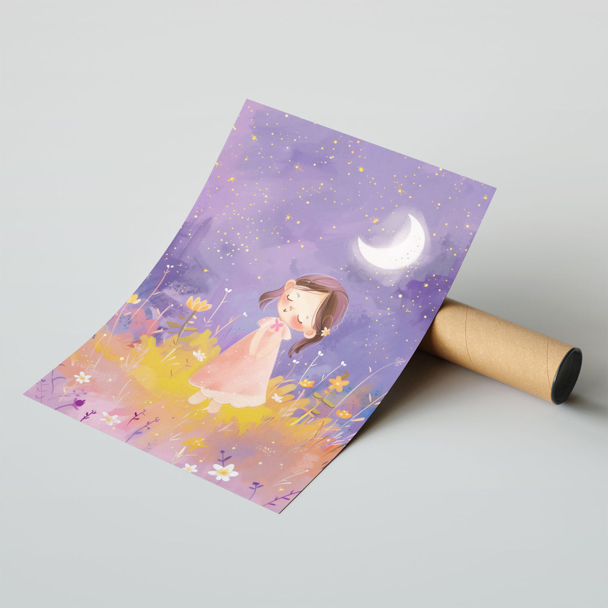 A-Sized Prints Nursery - Child illustration with yellow and white flowers under stars