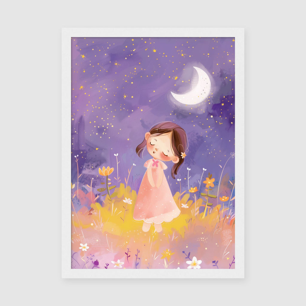 A-Sized Prints Nursery - Gentle bedtime illustration with crescent moon and wildflowers