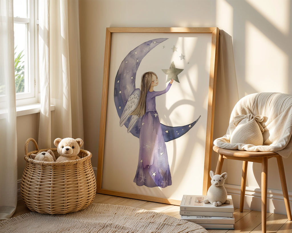 A-Sized Print Nursery - Angel girl with wings reaching for golden star on crescent moon background
