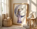 A-Sized Print Nursery - Angel girl with wings reaching for golden star on crescent moon background