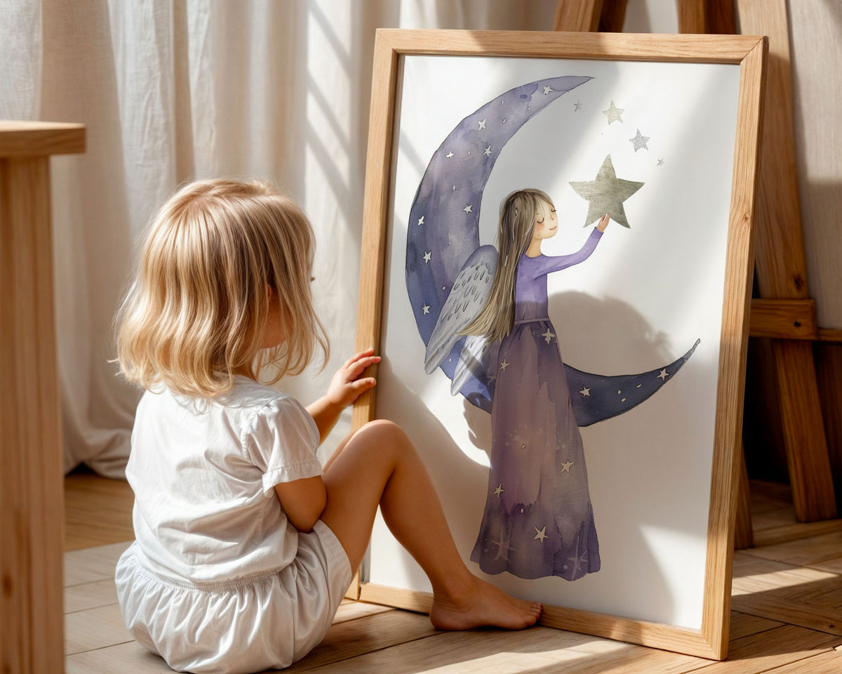 A-Sized Print Nursery - Watercolour illustration of peaceful girl on moon with scattered stars