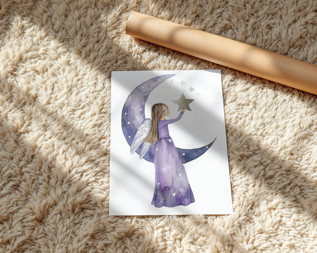A-Sized Print Nursery - Purple and navy crescent moon with white stars and winged figure