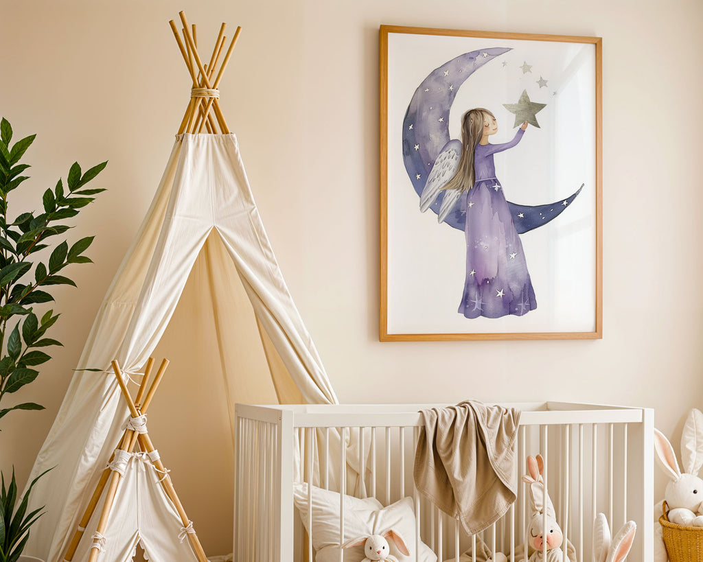 A-Sized Print Nursery - Angel reaching upward to golden star in celestial night scene