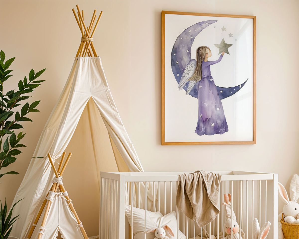 A-Sized Print Nursery - Angel reaching upward to golden star in celestial night scene