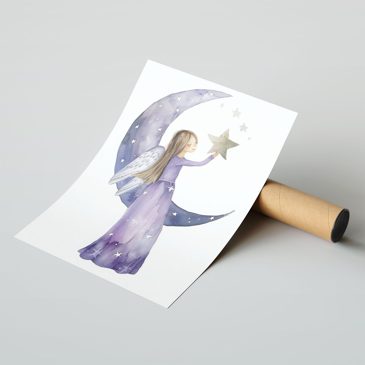 A-Sized Print Nursery - Long-haired girl on moon with feathered wings in soft purple tones