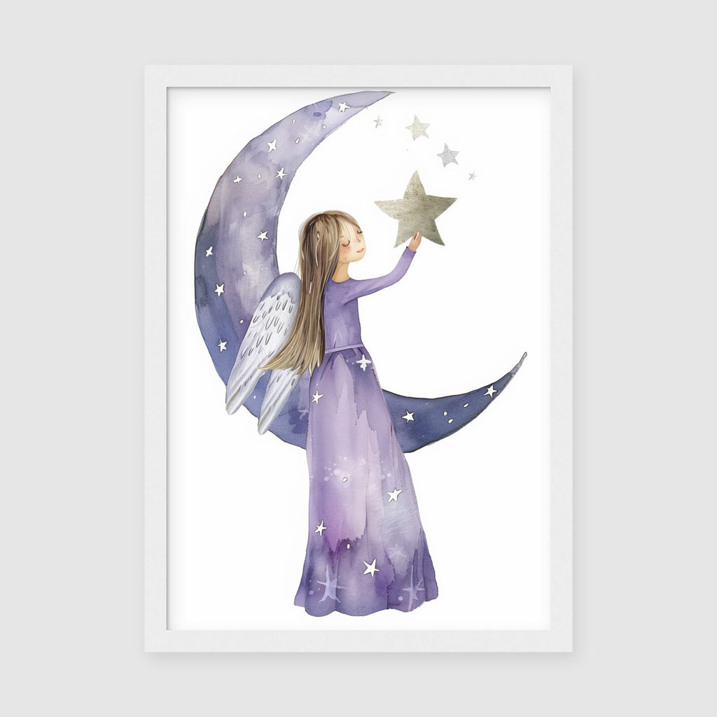 A-Sized Print Nursery - Starry watercolour print featuring winged girl reaching toward gold star