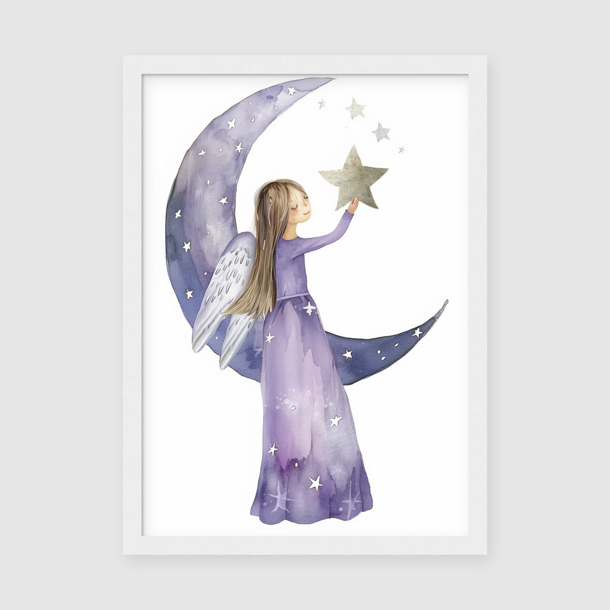 A-Sized Print Nursery - Starry watercolour print featuring winged girl reaching toward gold star
