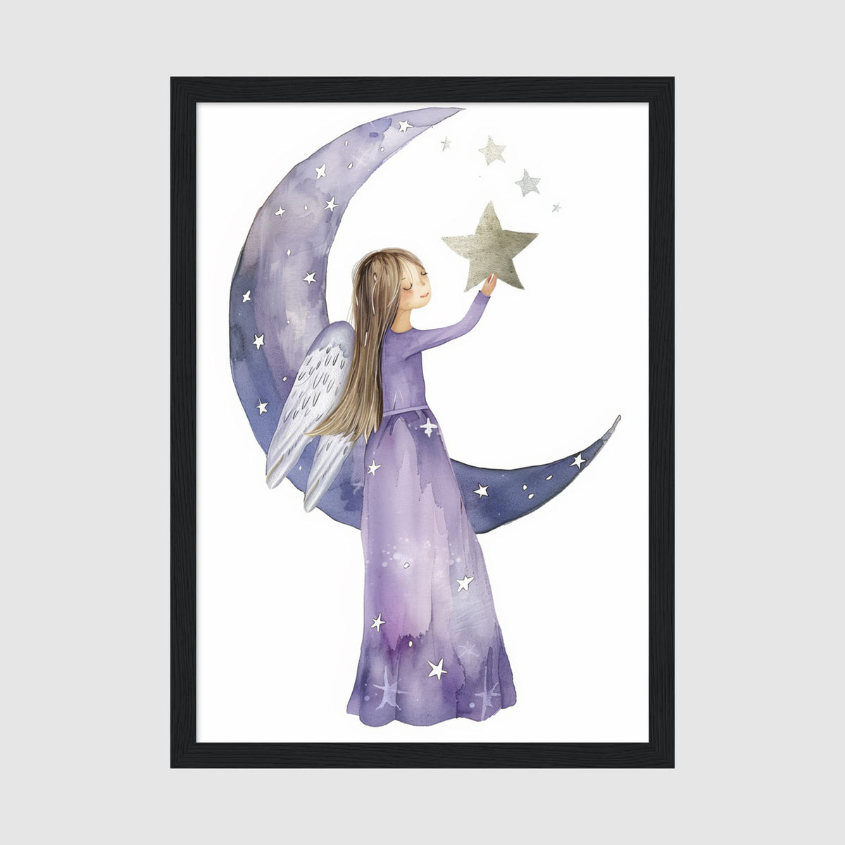 A-Sized Print Nursery - Serene moon-based illustration with peaceful angel figure in purples