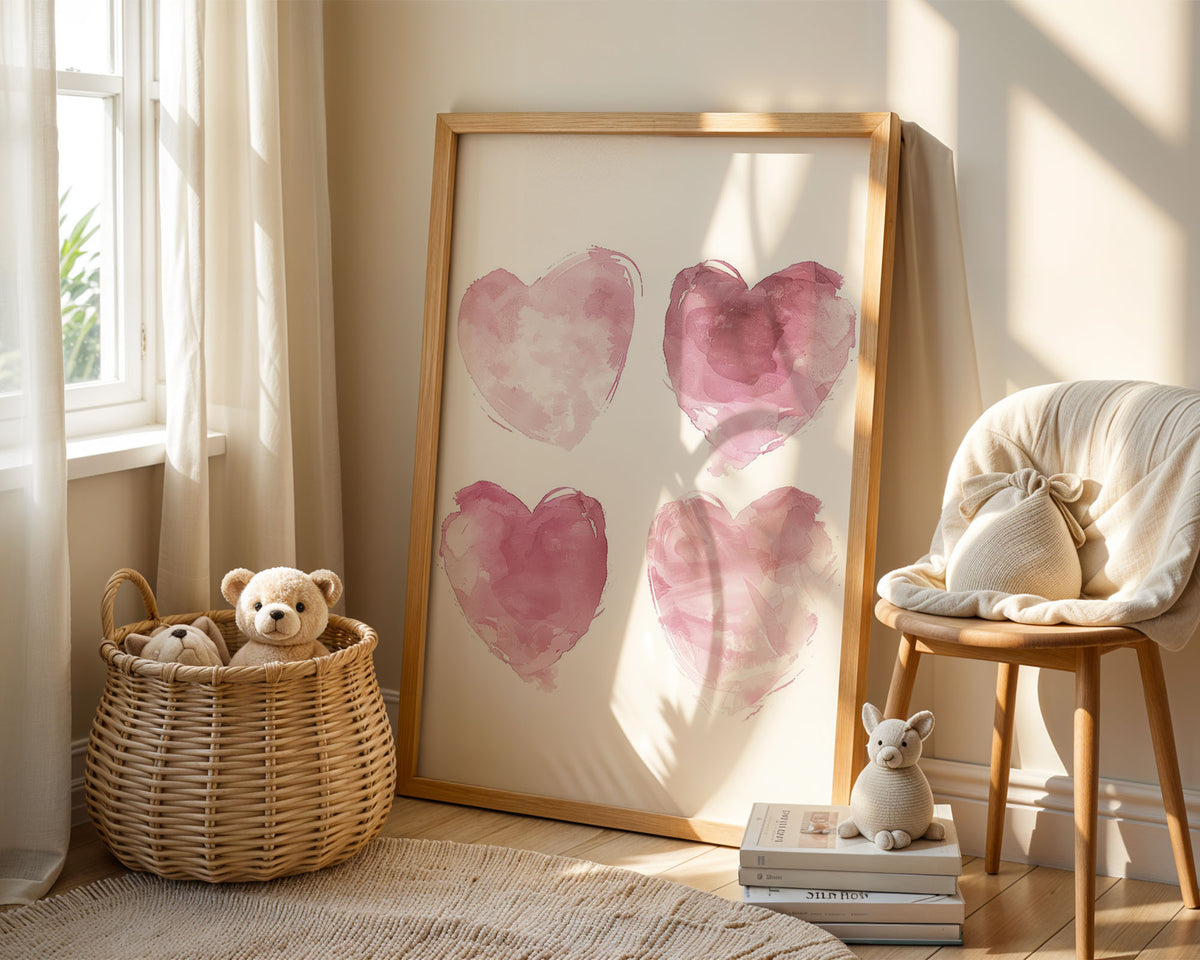 A-Sized Prints Nursery - Four soft pink watercolour hearts on white