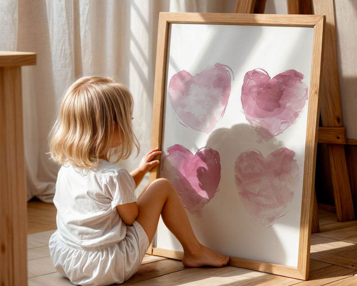 A-Sized Prints Nursery - Four soft pink watercolour hearts on white