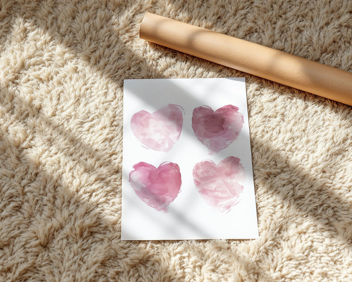 A-Sized Prints Nursery - Four soft pink watercolour hearts on white