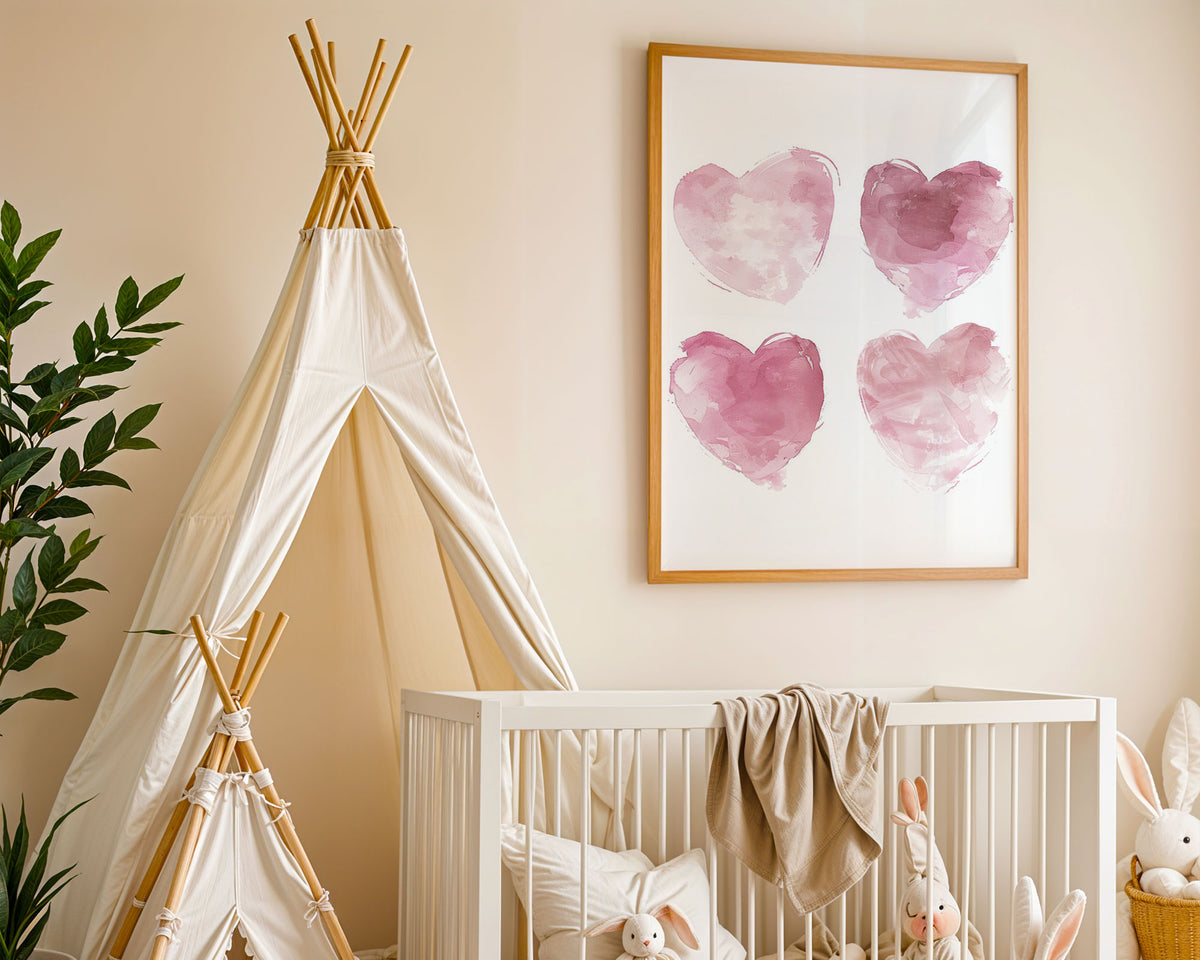A-Sized Prints Nursery - Four soft pink watercolour hearts on white