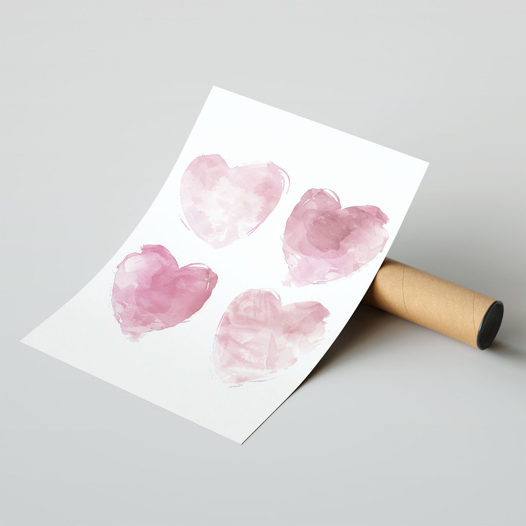A-Sized Prints Nursery - Four soft pink watercolour hearts on white