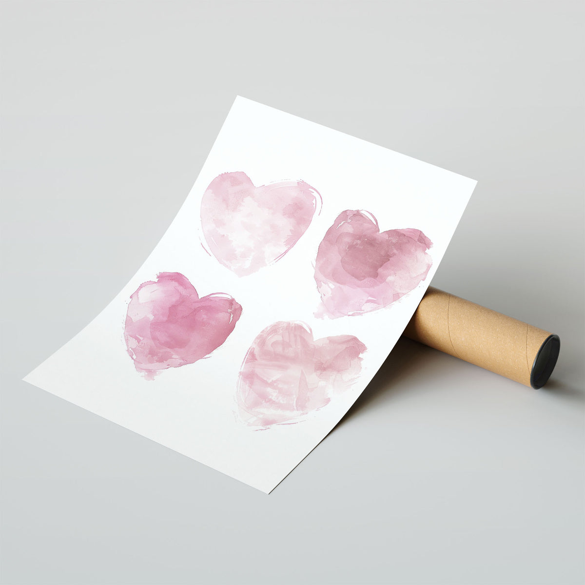 A-Sized Prints Nursery - Four soft pink watercolour hearts on white
