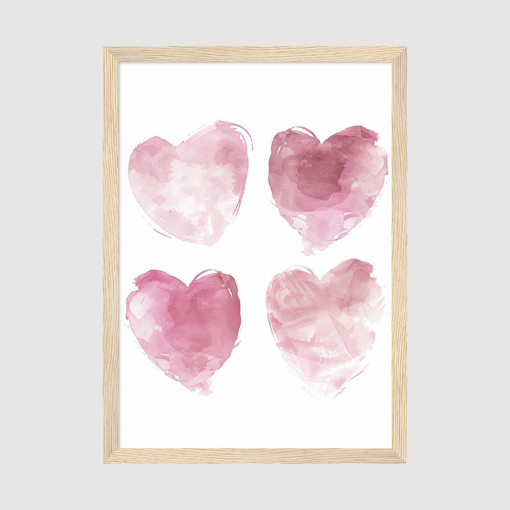 A-Sized Prints Nursery - Four soft pink watercolour hearts on white