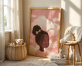 A-Sized Prints Nursery - Illustration of a girl with curled hair and pink bow against pink sky with white clouds
