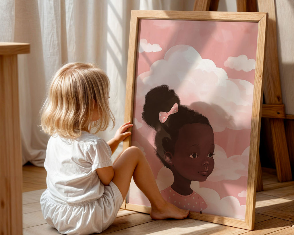 A-Sized Prints Nursery - Young girl with polka-dot bow and dark curls floating among fluffy white clouds
