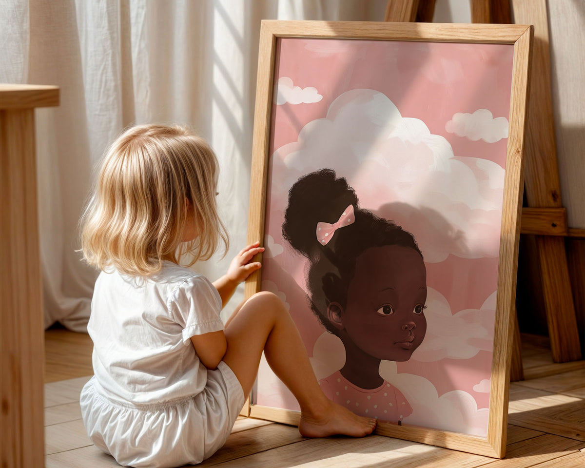 A-Sized Prints Nursery - Young girl with polka-dot bow and dark curls floating among fluffy white clouds