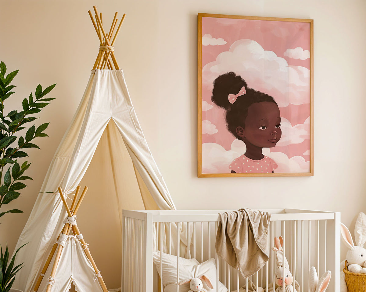 A-Sized Prints Nursery - Soft pink nursery illustration featuring a young girl with bow in cloudy sky scene
