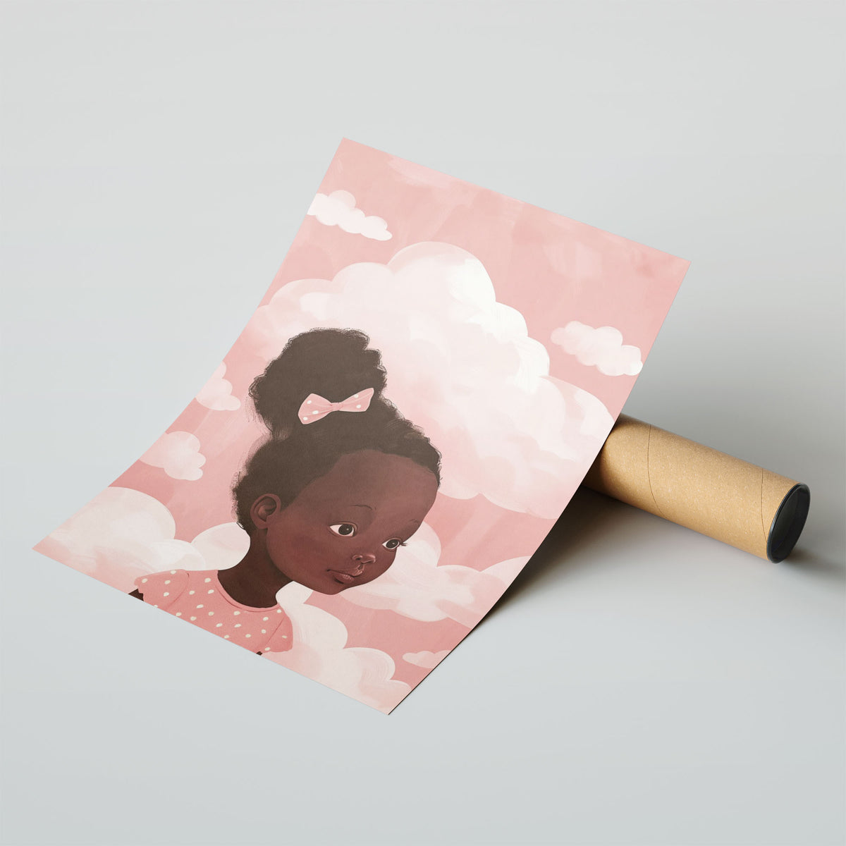 A-Sized Prints Nursery - Girl with pink polka-dot bow and dark curled hair surrounded by white clouds
