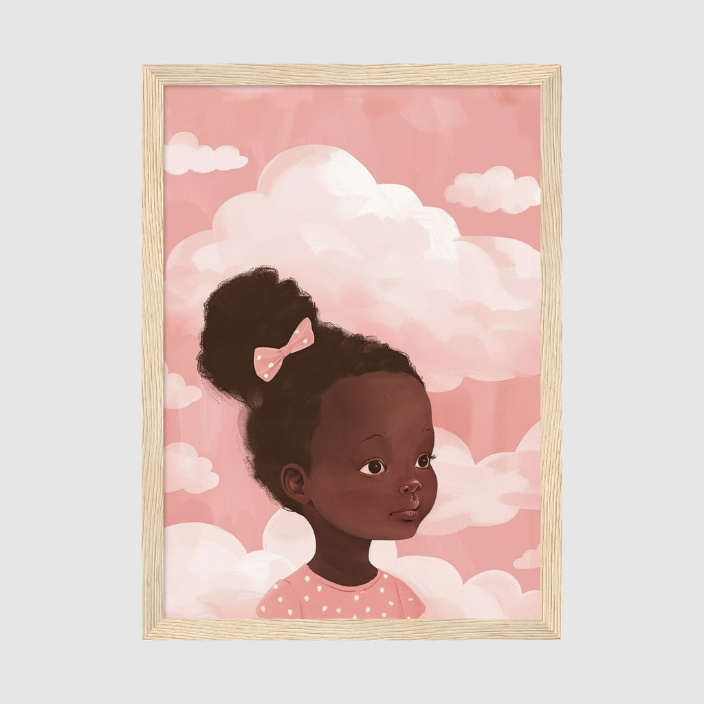 A-Sized Prints Nursery - Child's face with warm expression and pink bow against dreamy pink cloud background
