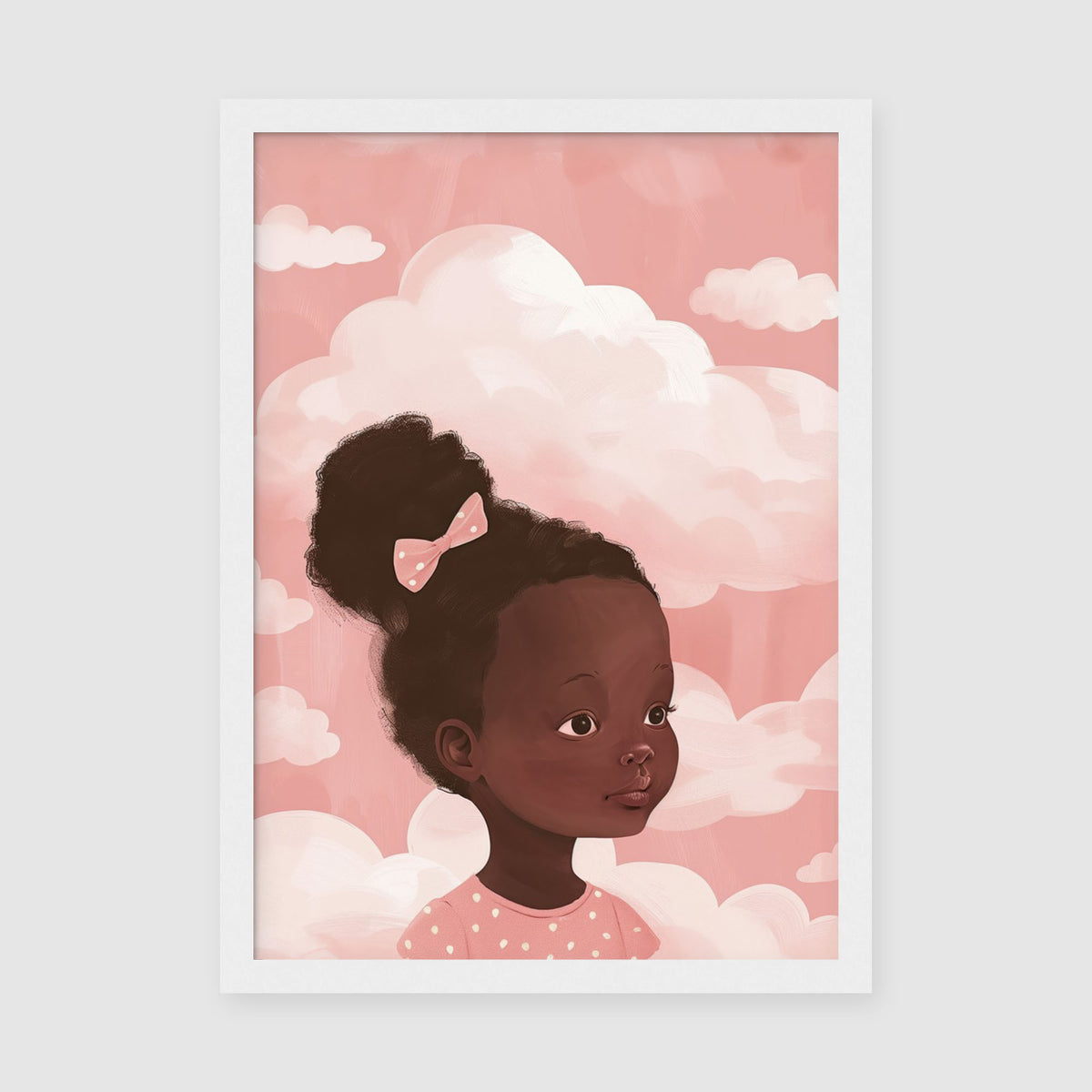 A-Sized Prints Nursery - Gentle nursery art showing girl with curls, bow, and spotted dress amid clouds