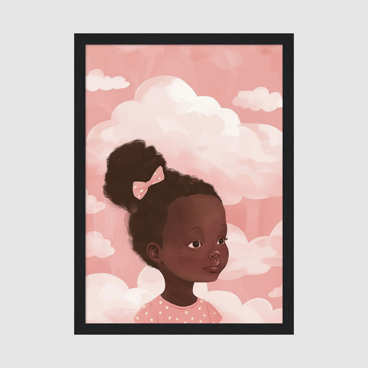 A-Sized Prints Nursery - Whimsical cloud illustration with portrait of young girl wearing pink polka-dot bow