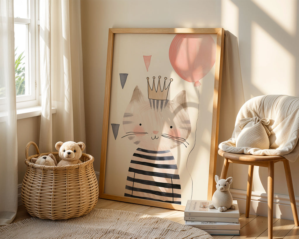 A-Sized Prints Nursery - Charming cat wearing golden crown and striped dress holding pink balloon