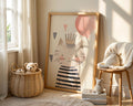 A-Sized Prints Nursery - Charming cat wearing golden crown and striped dress holding pink balloon