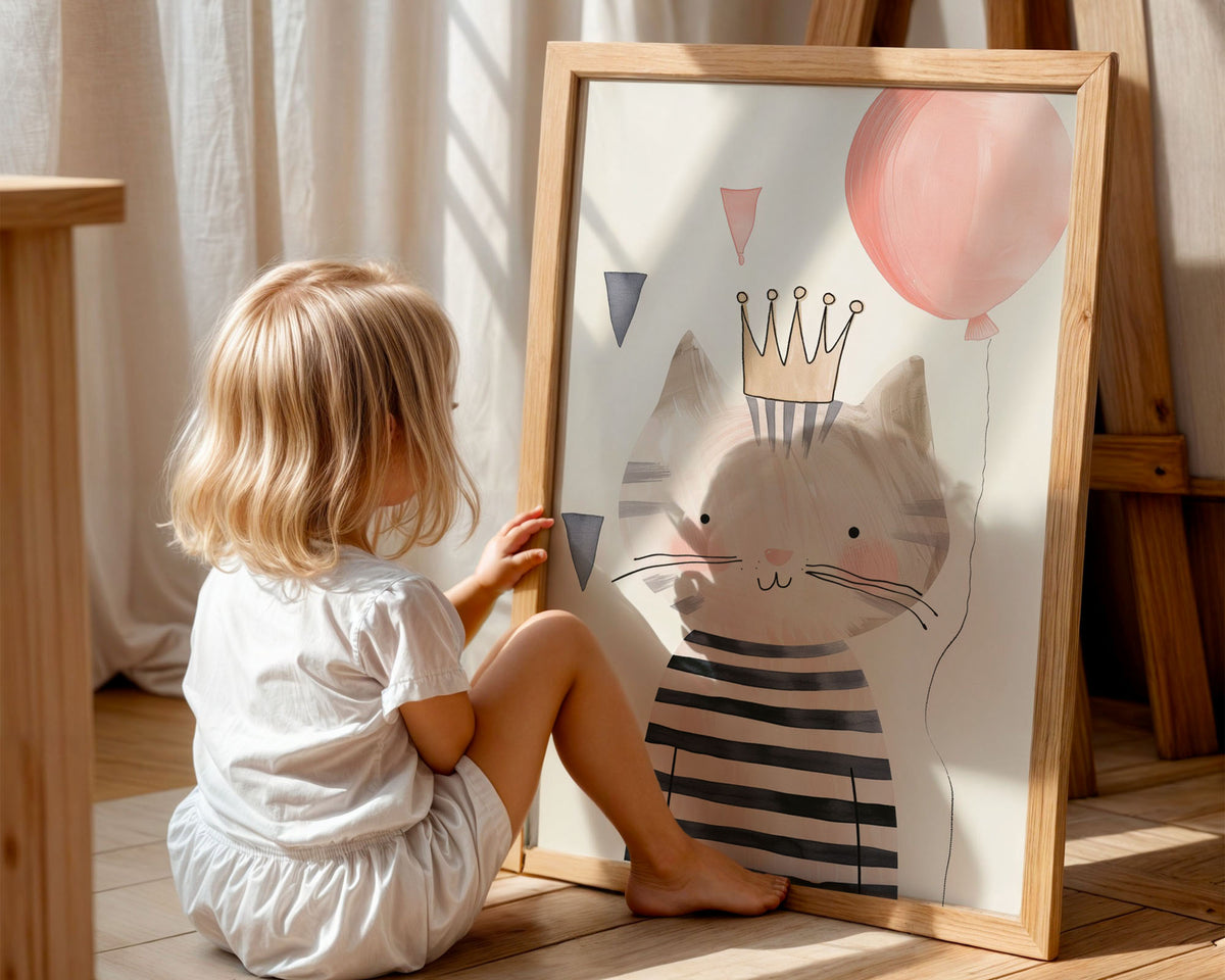 A-Sized Prints Nursery - Whimsical cat character with painted crown and playful geometric shapes